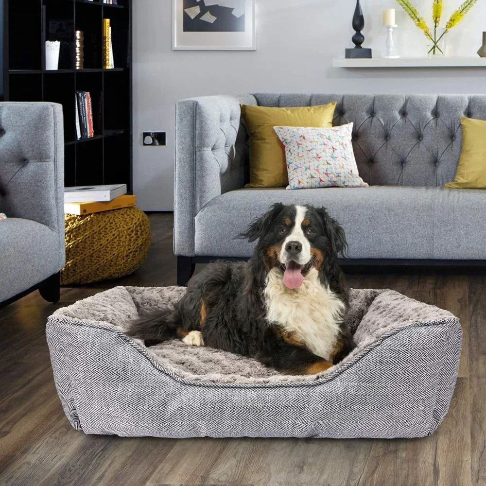 Dog 30'' Grey Wood Linen Soft Washable Rectangle Anti-Slip Bottom Sleeping Bed